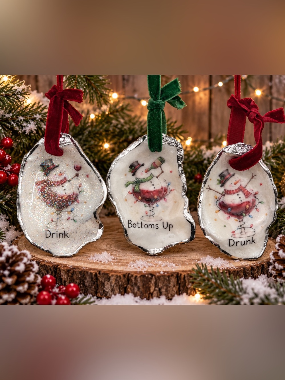 Holiday Snowman Oyster Shell Ornaments - Drink, Bottoms Up, Drunk (Set of 3)